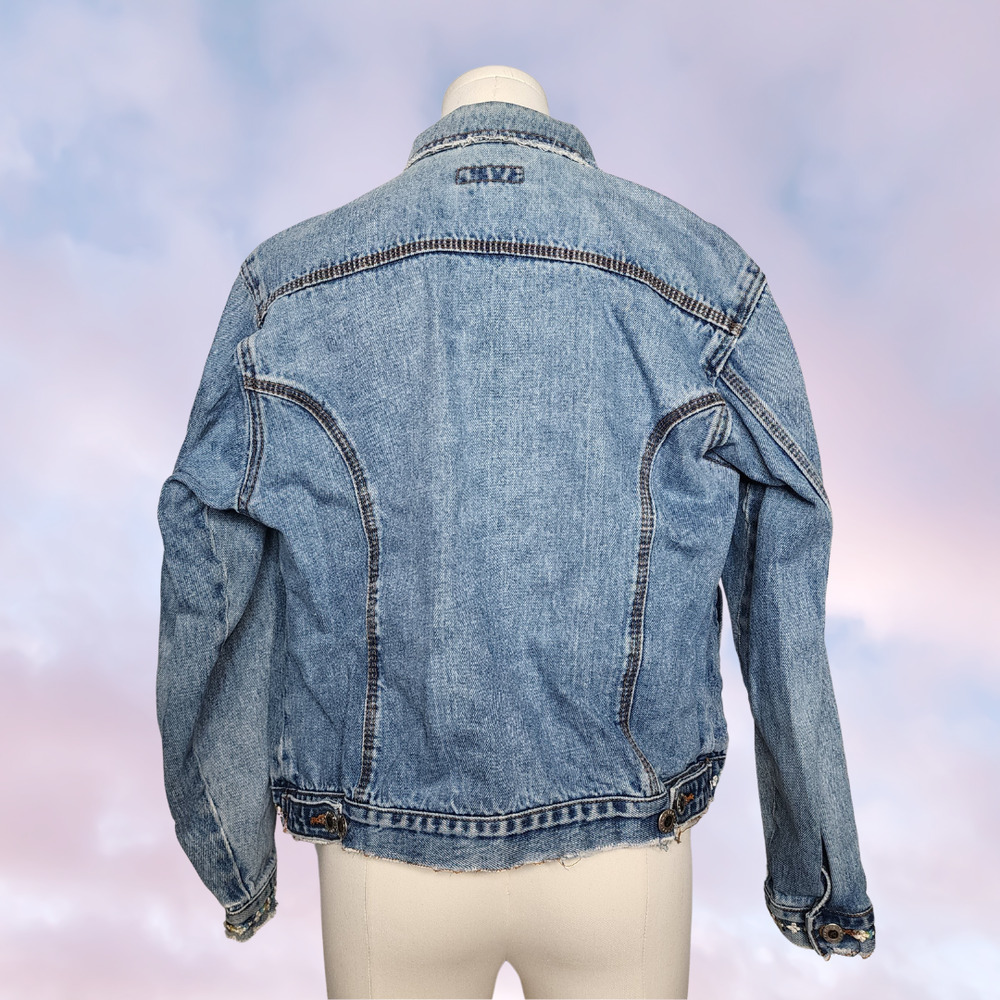 Vtg 90s Y2k 1of1 DIY Flower Trim Distressed Light Wash Denim Jacket Sz M - Picture 7 of 8